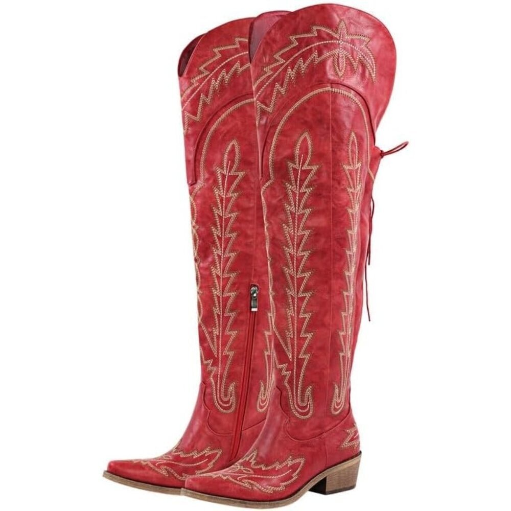 ⚡Women's Red Cowgirl Boots Thigh High Wide Calf Embroidered Western Pull On